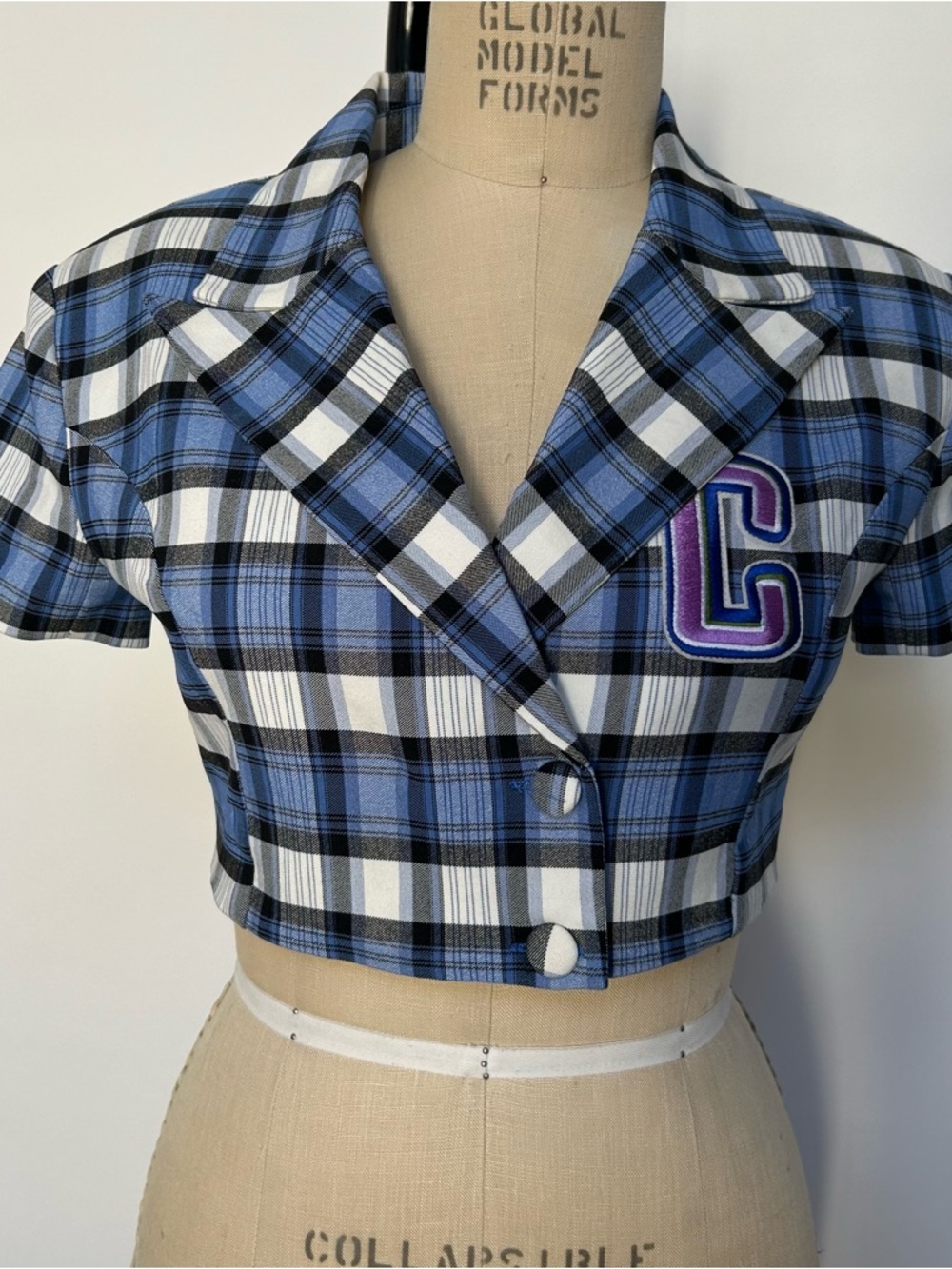 Blue Plaid Cropped Button-Front Top with Purple 'C' Patch